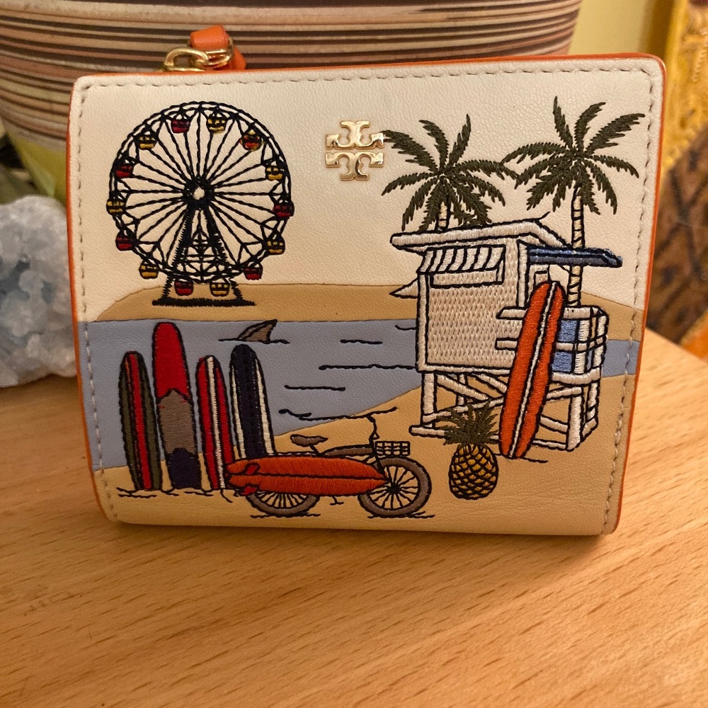 Tory Burch Embroidered West Coast Mini Leather Wallet Beach Scene GUC Rare